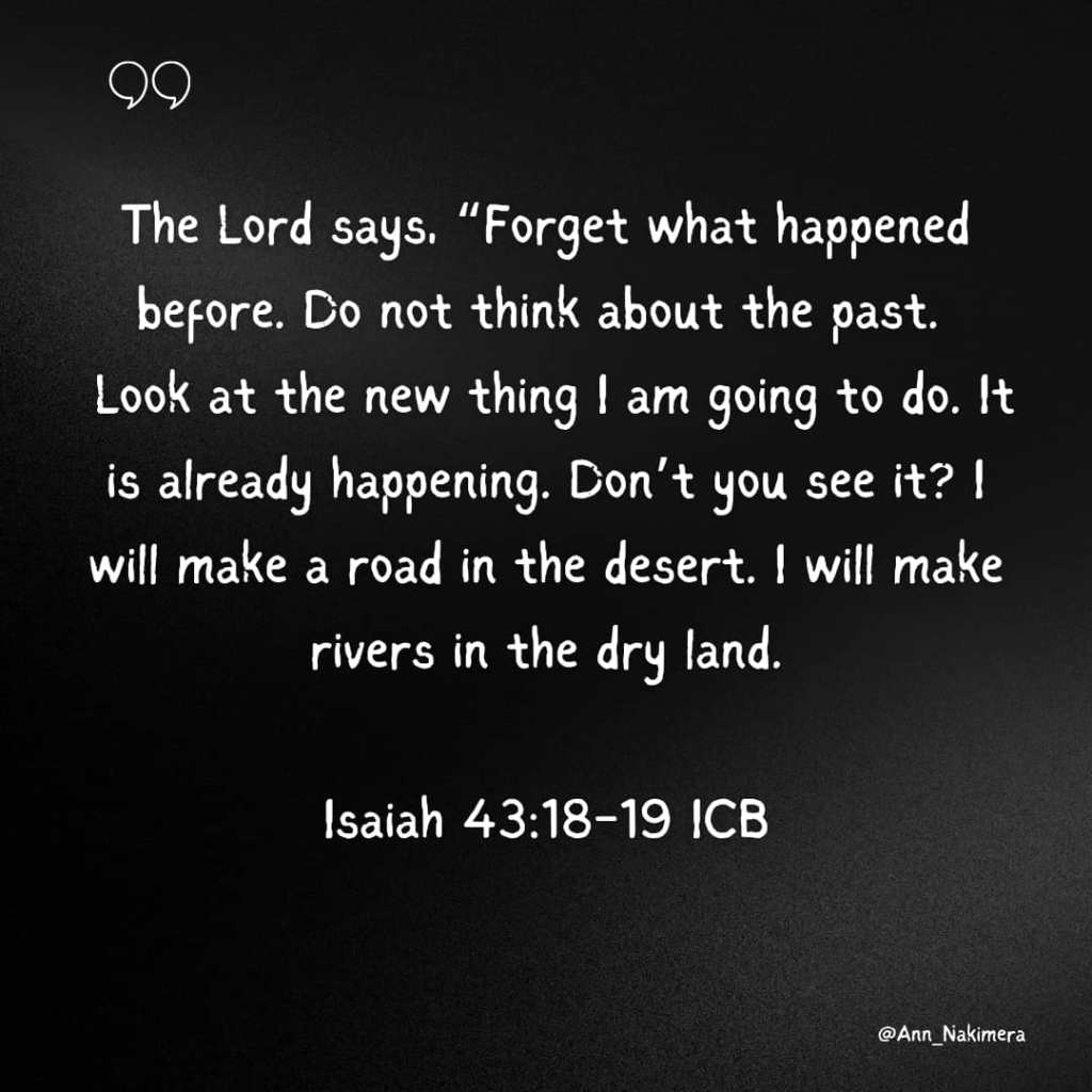 The Lord says, “Forget what happened before. Do not think about the past. Look at the new thing I am going to do. It is already happening. Don’t you see it? I will make a road in the desert. I will make rivers in the dry land.
ISAIAH 43:18-19 ICB